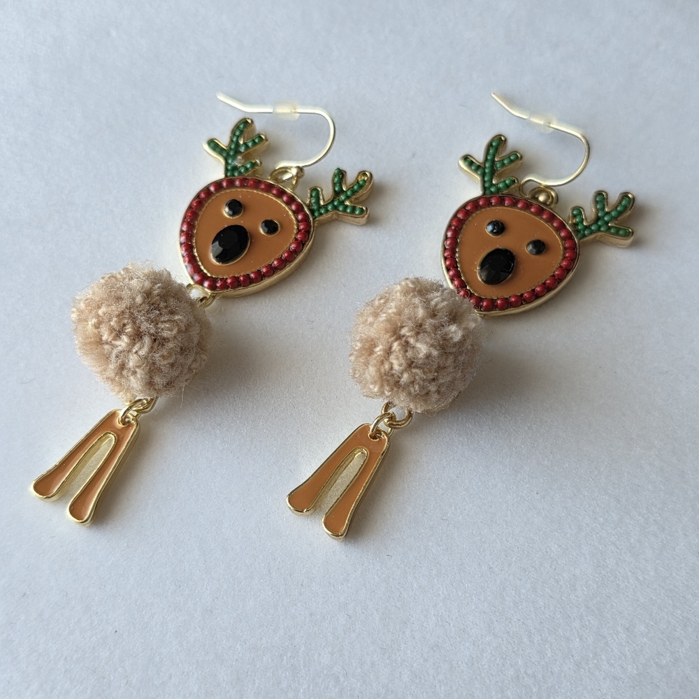 Cute Fuzzy Pom Pom Reindeer Earrings Colorful Studded Enamel Finish Gold Tone